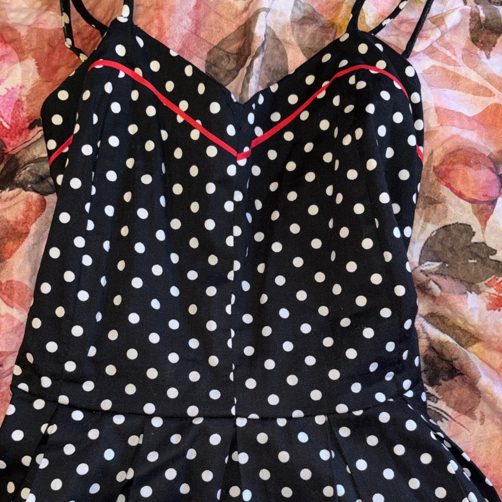 Cute Pinup Rockabilly Black and White Polka Dot A Line Dress with Red Trim - Picture 13 of 16